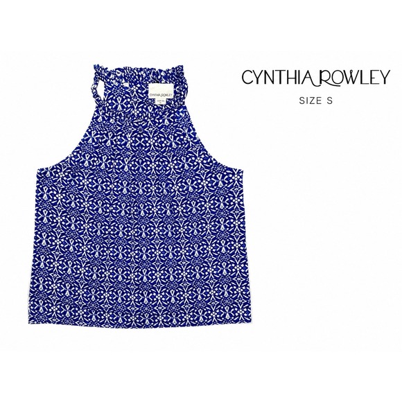 Cynthia Rowley Tops - Cynthia Rowley 100% Silk Blouse Size S Blue White Print Ruffle Neck Sleeveless
